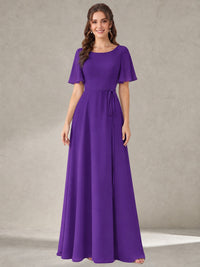 Purple Scoop Neck A-line Chiffon Bridesmaid Dress with Belt Flutter Sleeve Formal Wedding Guest Dress Evening Gown