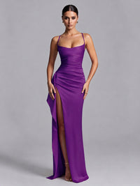 Purple Squre Neck Pleated Satin Prom Dresses for Teens Women Long Evening Formal Gown with Slit Ruffles