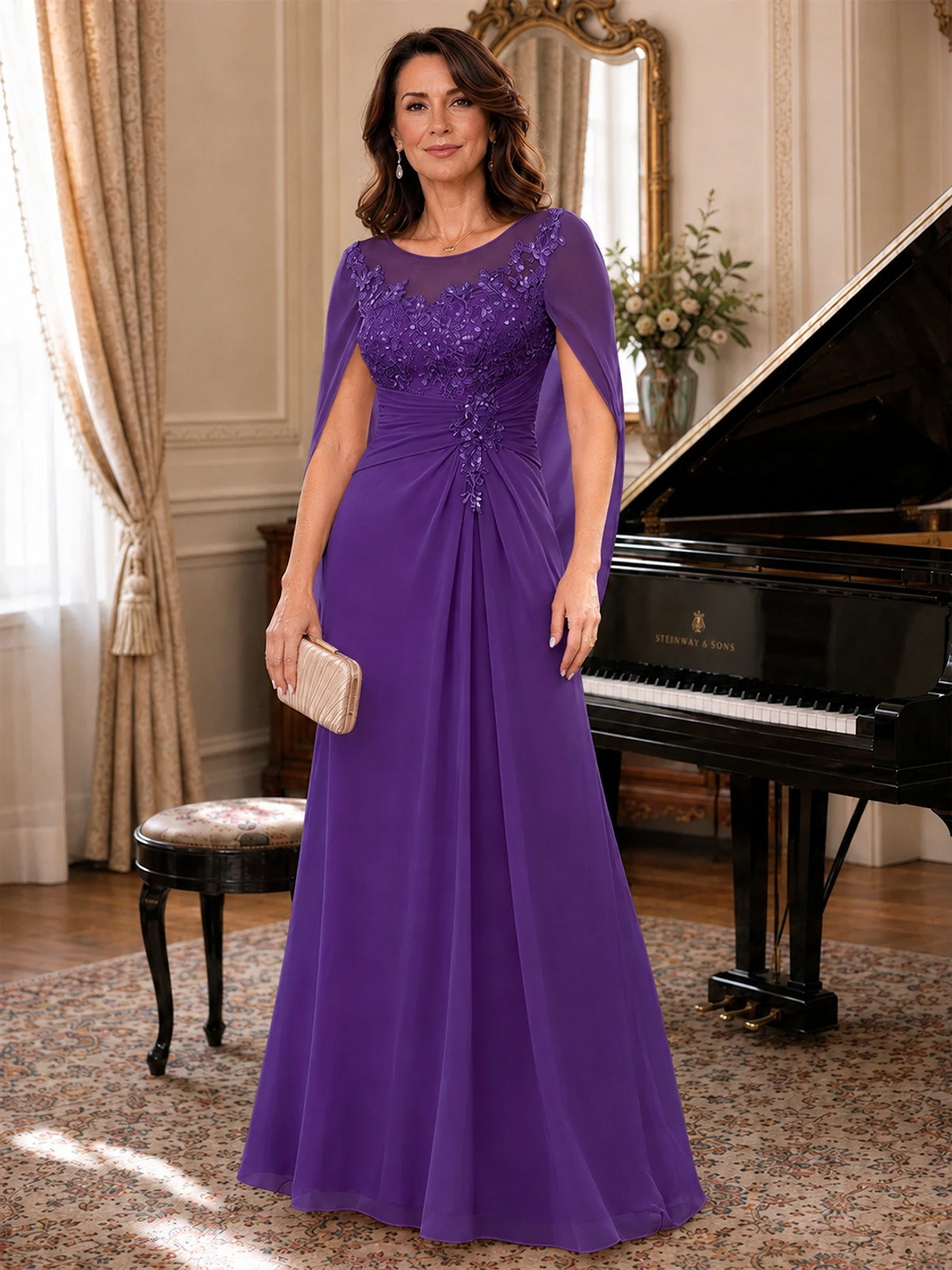 Elegant Applique Chiffon Mother of the Bride Dress with Cape Sleeves