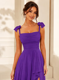 Ruffle Slit Chiffon A Line Scoop Neck Bridesmaid Dresses with Pockets