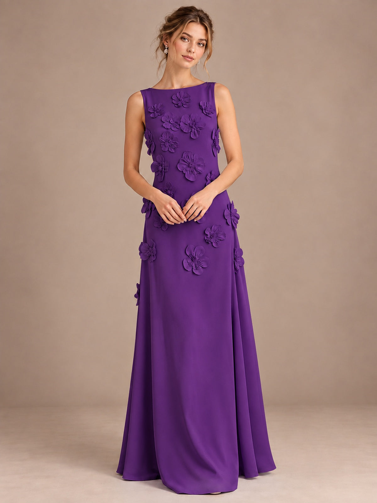 3D Floral Applique Sleeveless Formal Maxi Dress