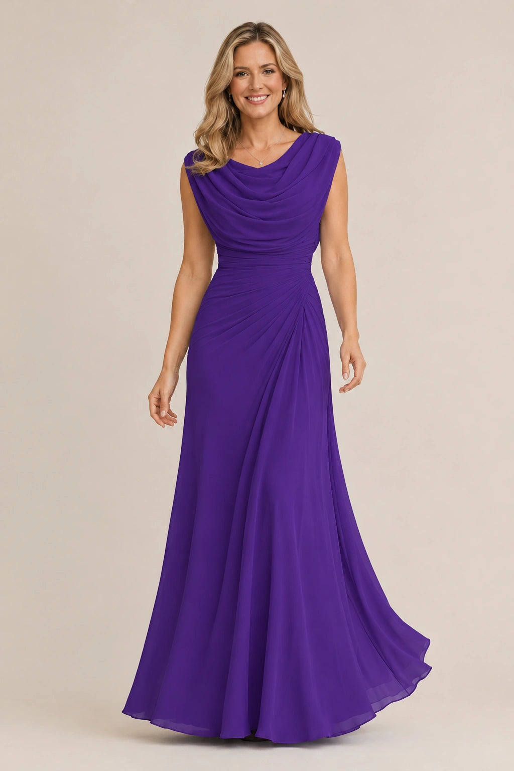 Cowl Neck Ruched Chiffon Mother of the Bride Dress