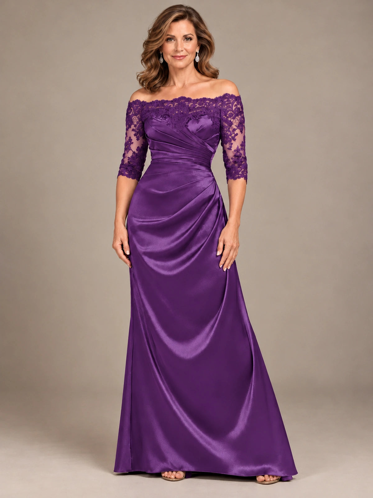 Satin Mother of the Bride Dress with Lace Sleeves Off Shoulder Formal Gown