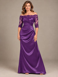 Satin Mother of the Bride Dress with Lace Sleeves Off Shoulder Formal Gown