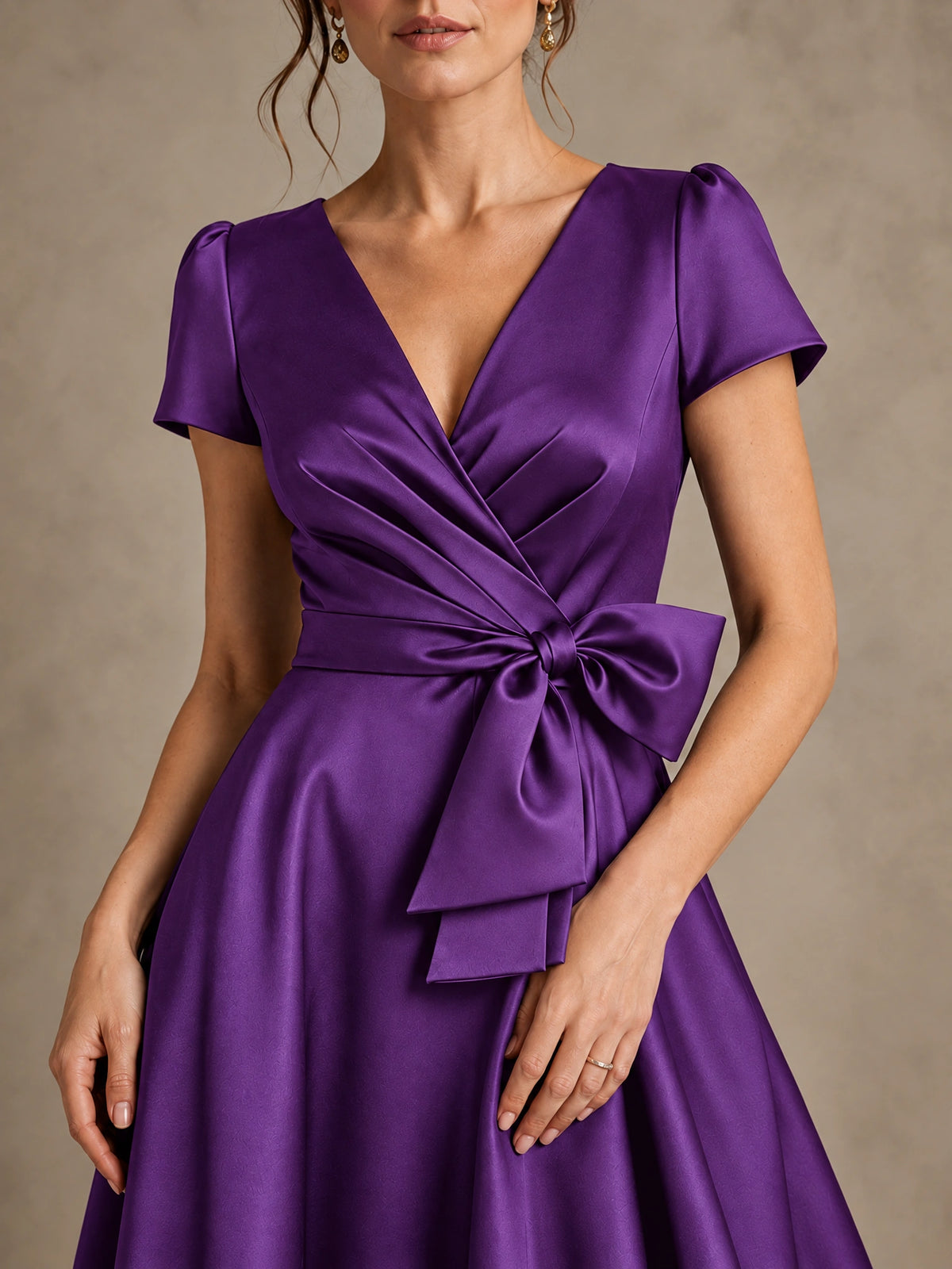 V-Neck Tea-Length Satin Mother of the Bride Dress with Bow
