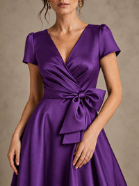 V-Neck Tea-Length Satin Mother of the Bride Dress with Bow