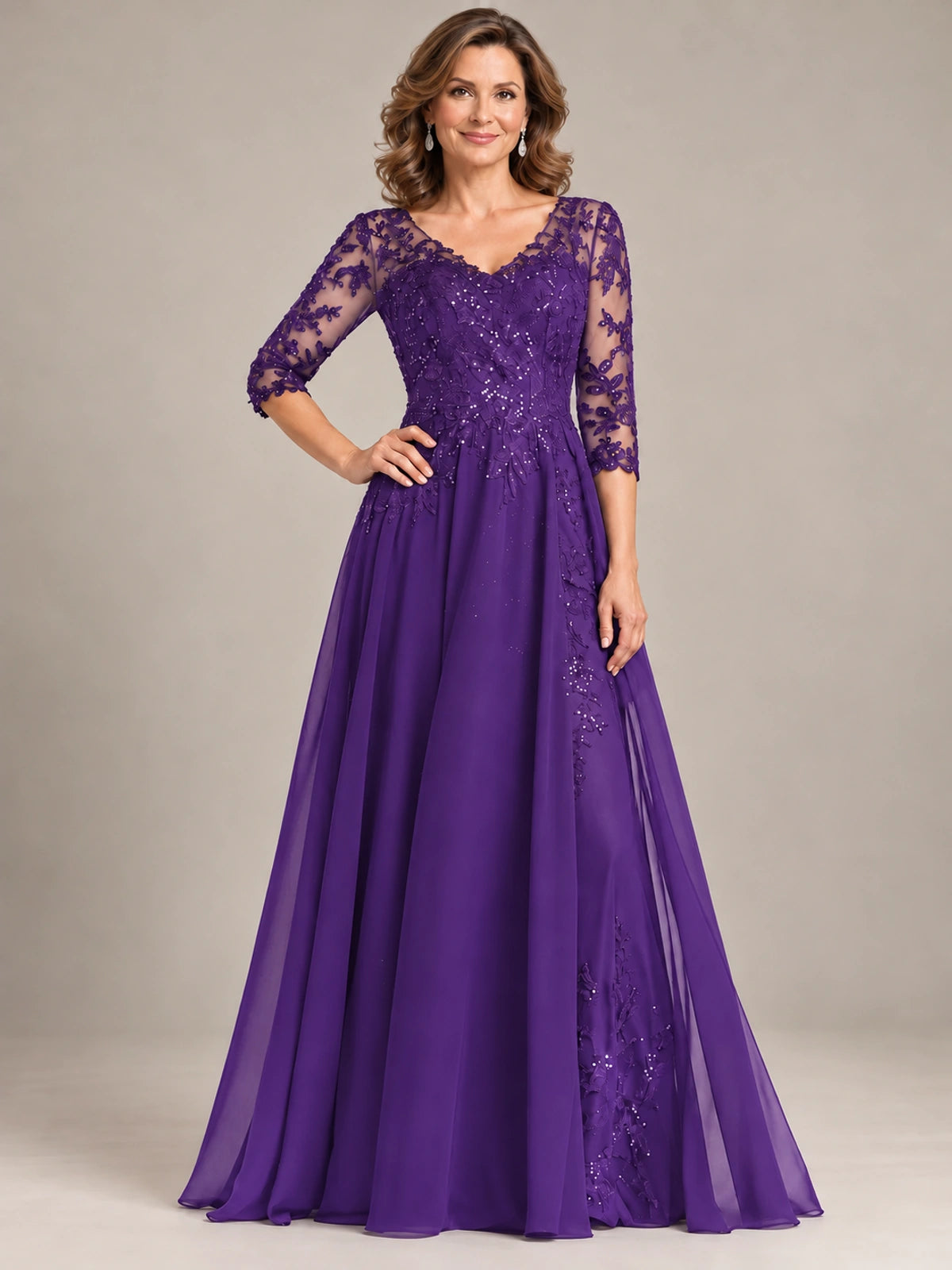 Sequin Lace A-Line Mother of the Bride Dress with 3/4 Sleeves