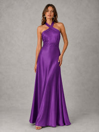 Sage Green Satin A-Line Bridesmaid Dress with Halter Neck