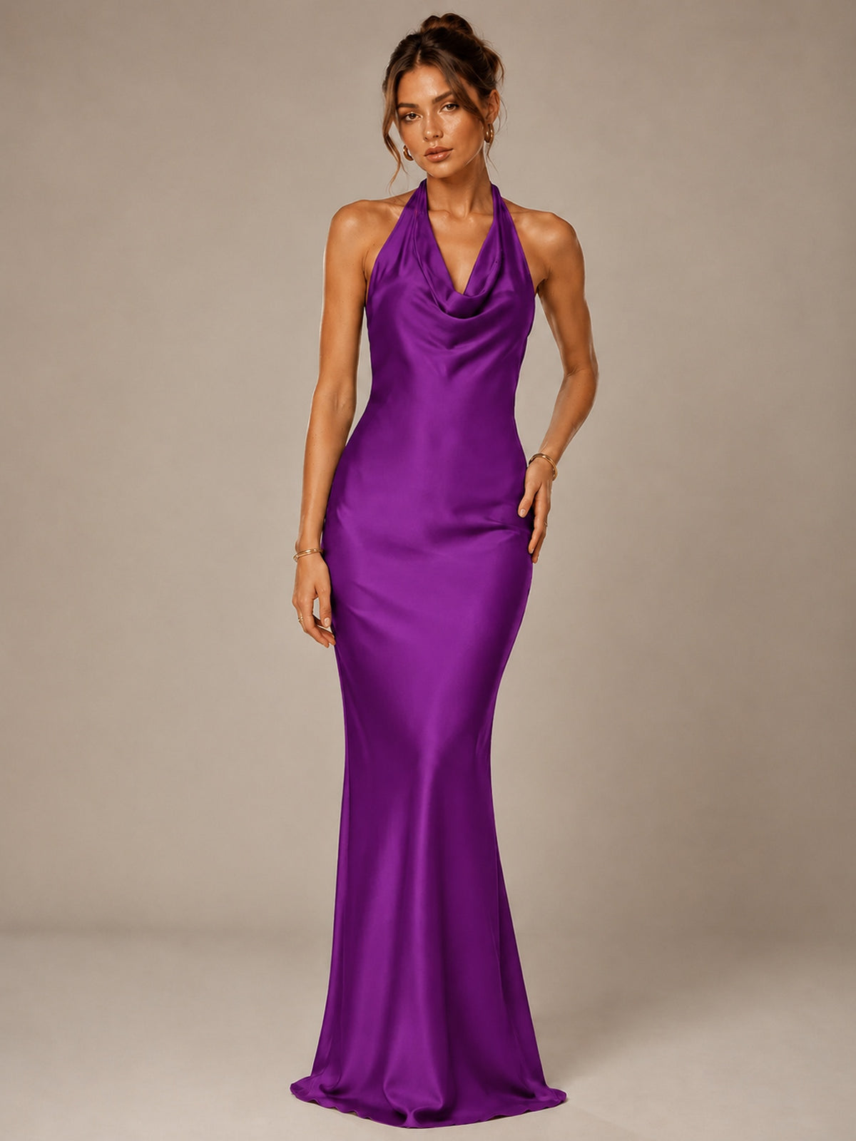 Olive Green Halter Satin Mermaid Maxi Dress