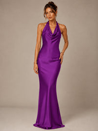 Olive Green Halter Satin Mermaid Maxi Dress