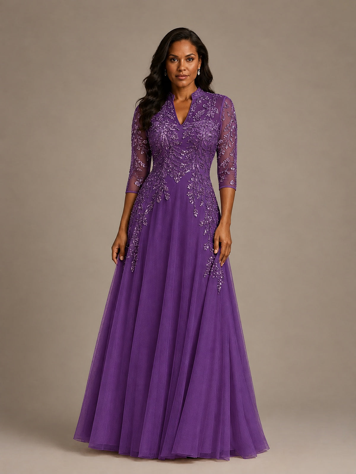 Embellished Appliques Mother of the Bride Dress with 3/4 Sleeves