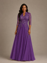 Embellished Appliques Mother of the Bride Dress with 3/4 Sleeves