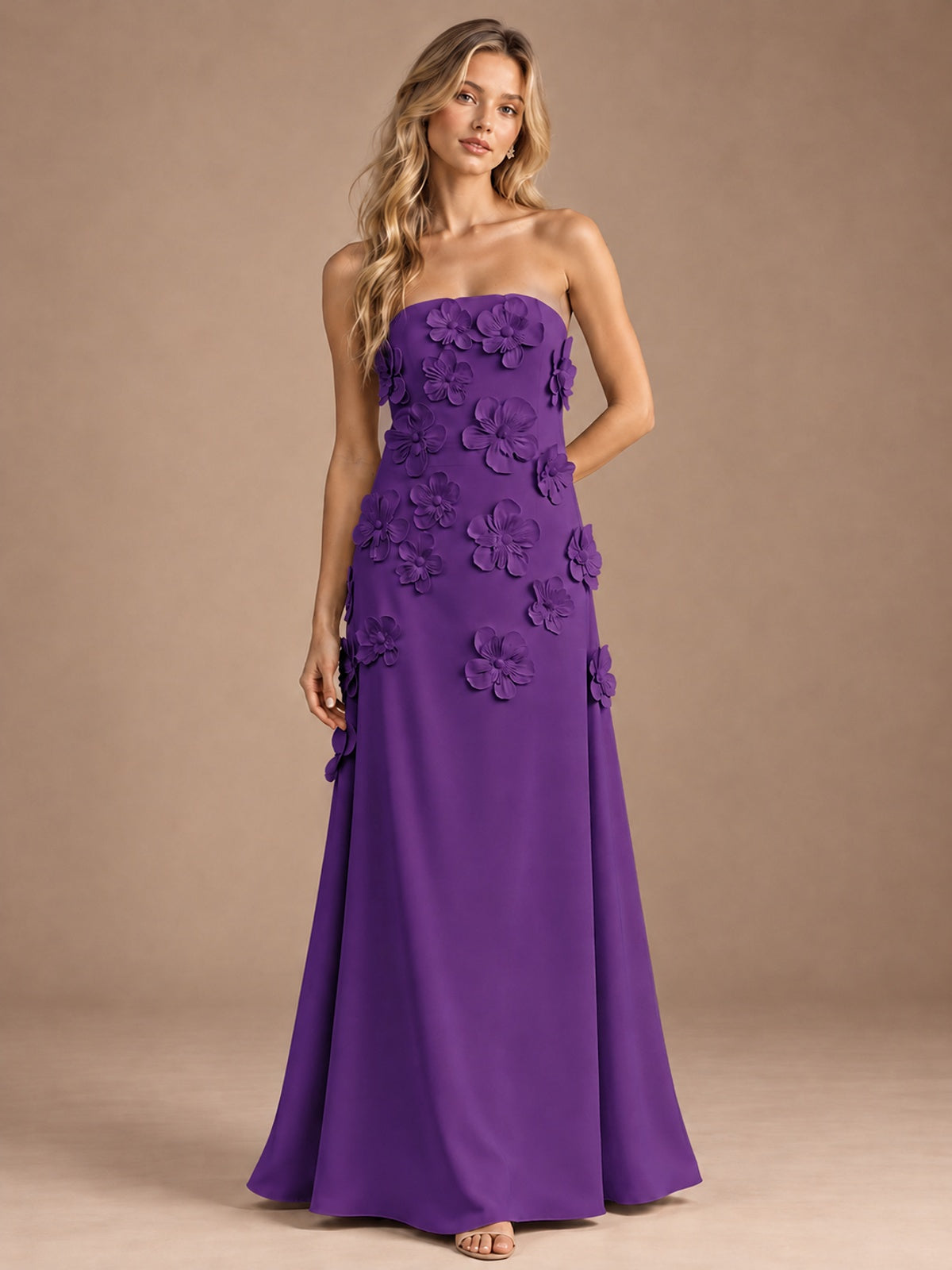Purple-Strapless 3D Floral A-line Satin Prom Maxi Dress Formal Evening Gown