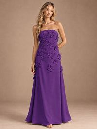 Purple-Strapless 3D Floral A-line Satin Prom Maxi Dress Formal Evening Gown
