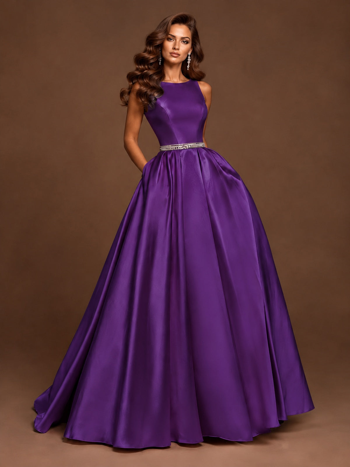 Satin A-Line Prom Dress Sleeveless Beaded Waist Formal Gown with Pockets