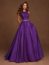 Satin A-Line Prom Dress Sleeveless Beaded Waist Formal Gown with Pockets