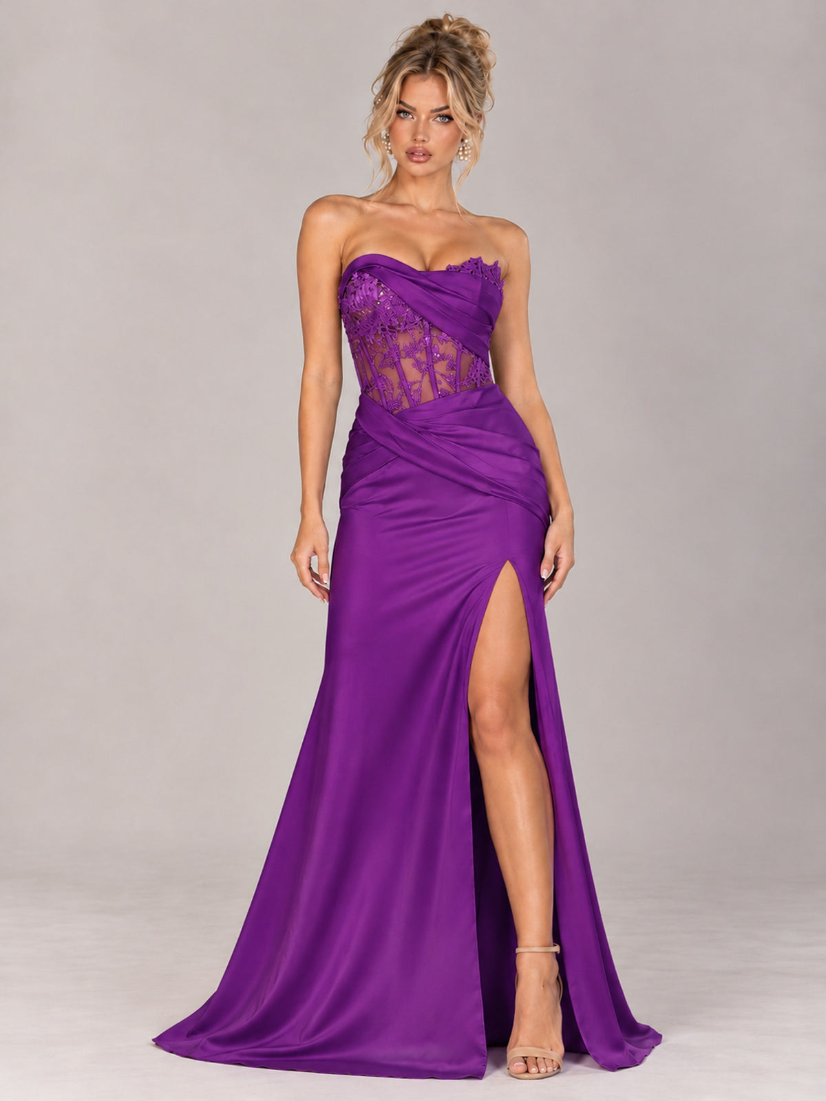 Strapless Satin Prom Dress with Sheer Lace Corset & High Slit