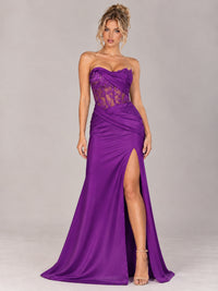Strapless Satin Prom Dress with Sheer Lace Corset & High Slit