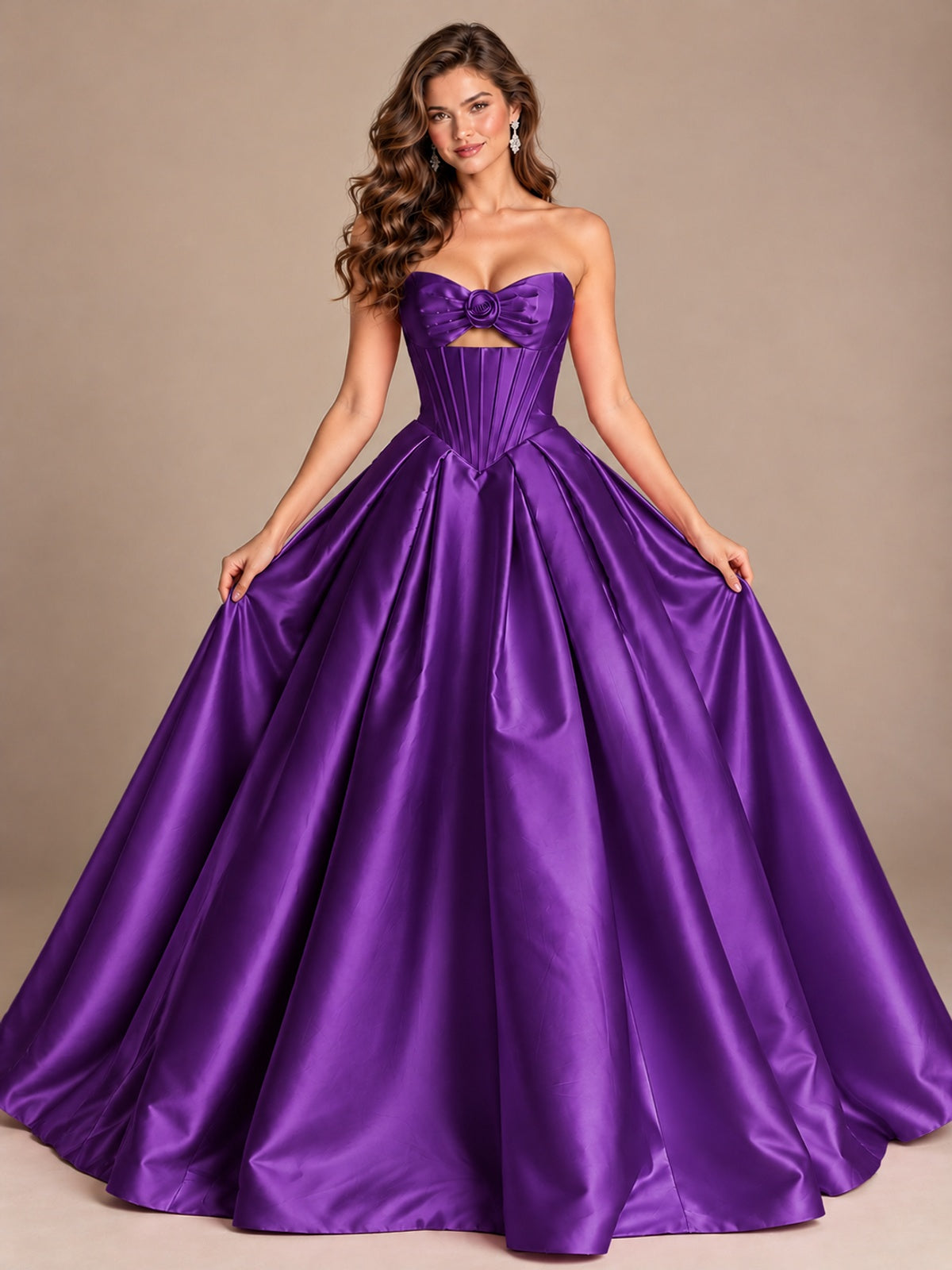 Pink Strapless Corset Satin Prom Derss & Ball Gown with 3D Floral