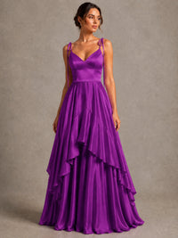 Lavender Satin V-Neck Ruffle Maxi Dress