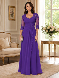 Chiffon Lace Applique Mother of the Bride Dress with 3/4 Sleeves