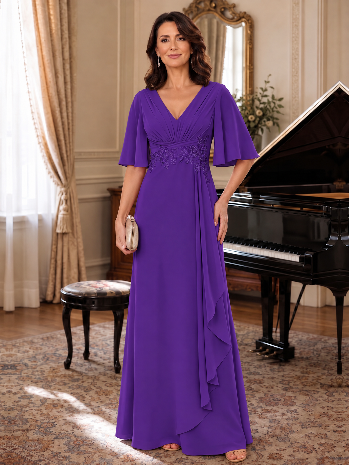 Purple V-Neck Chiffon Lace Mother of the Bride Dresses with Flutter Sleeve A-line Long Ruffled Evening Formal Wedding Guest Gown