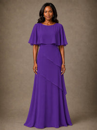 Taupe Chiffon A-Line Mother of the Bride Dress with Cape Sleeves