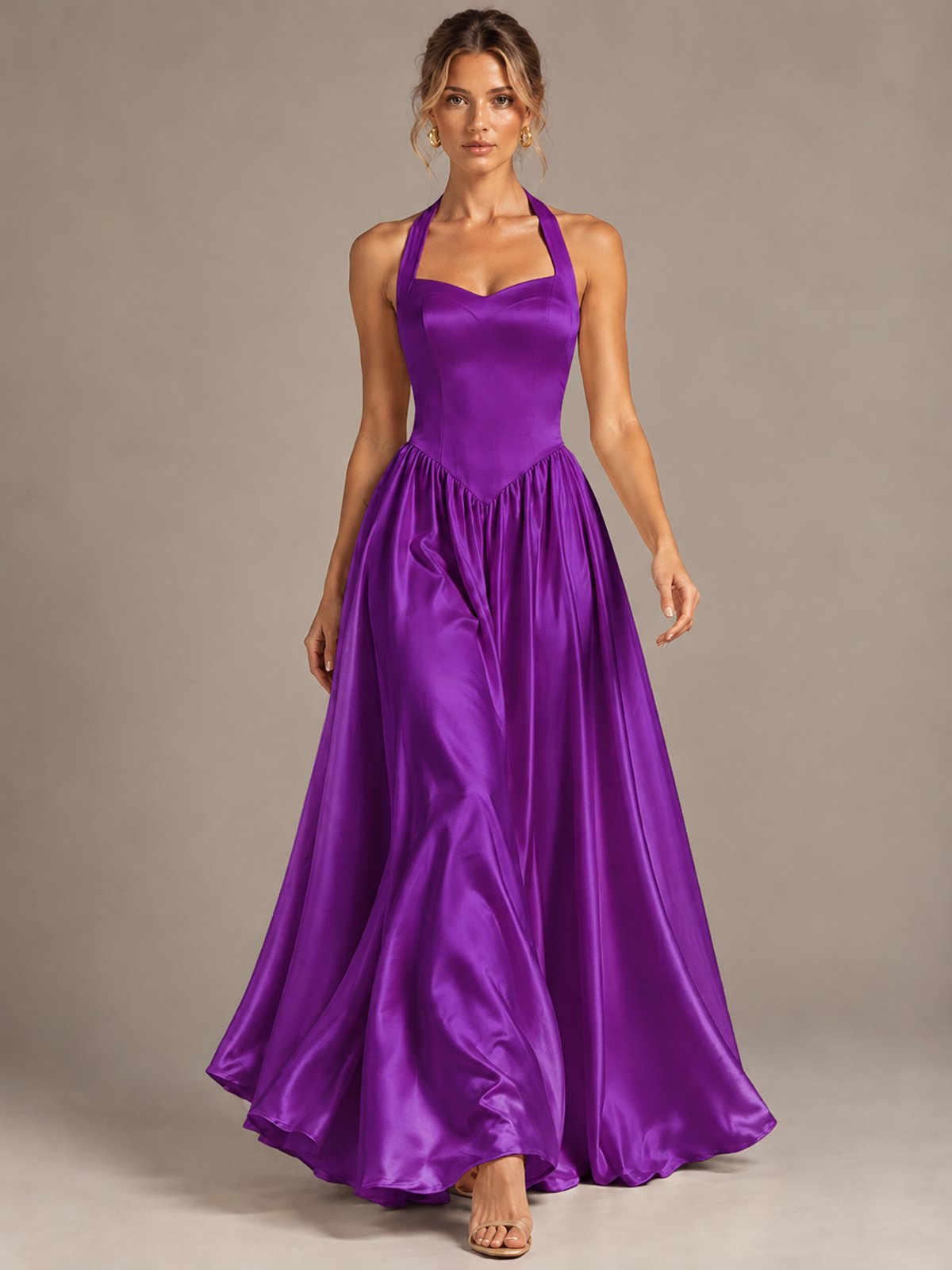 Light Yellow Halter Neck Satin A-Line Maxi Dress with Pockets