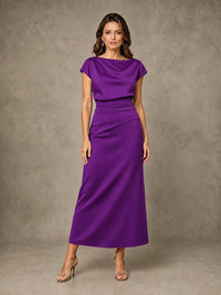 Cowl Neck Satin Mother of the Bride Dress with Ruched Waist