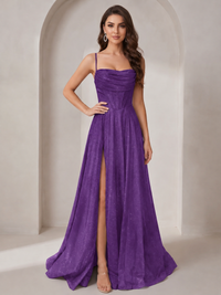 Purple Sparkly Cowl Neck Corset Long Prom Dress with Slit A-line Tulle Ball Gown Formal Evning Party Dress