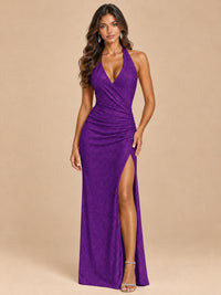 Halter V-Neck Sequin Mermaid Prom Dress with High Slit