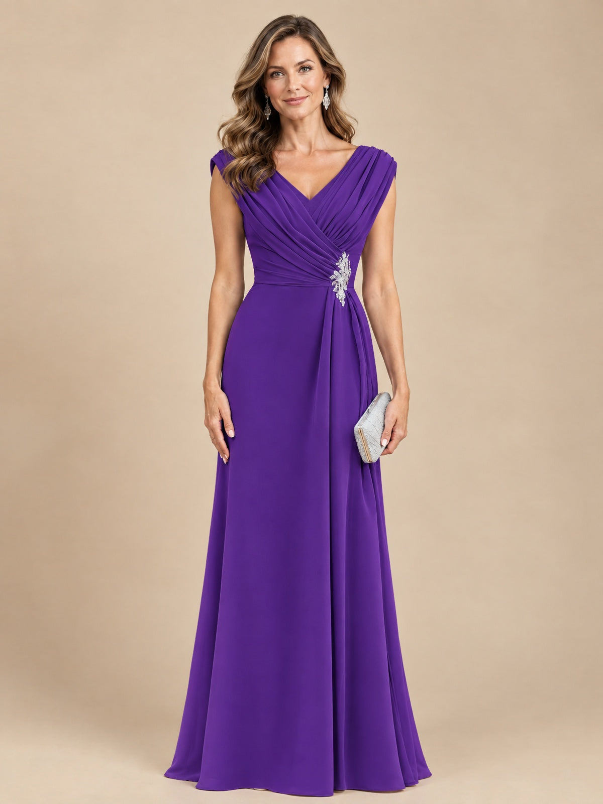 V Neck Pleated Mother of The Bride Dresses with Beading Cap Sleeves
