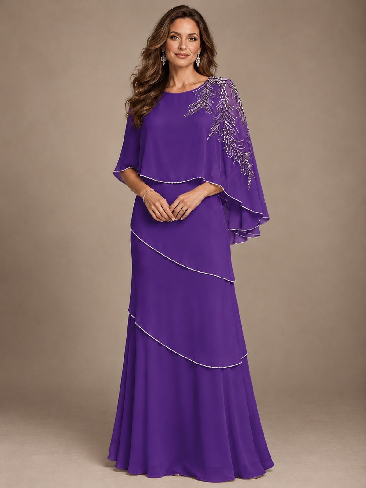 Elegant Chiffon Cape Sleeve Beaded Mother of the Bride Dress