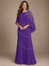 Elegant Chiffon Cape Sleeve Beaded Mother of the Bride Dress