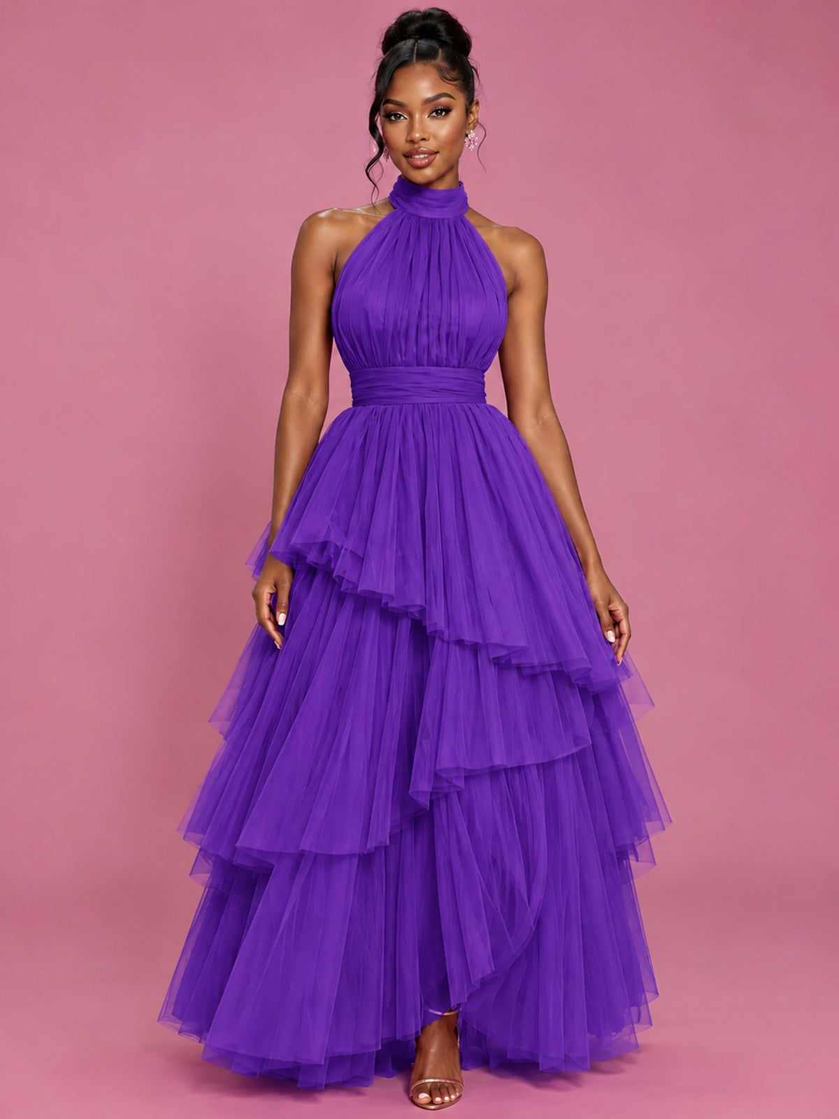 Hot Pink Tulle Halter Neck Tiered Ruffle Maxi Dress