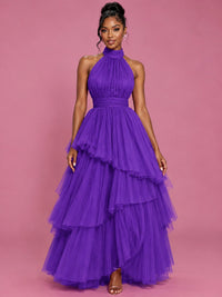 Hot Pink Tulle Halter Neck Tiered Ruffle Maxi Dress