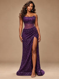 Gold Sequin Strapless Corset Prom Dress with High Slit
