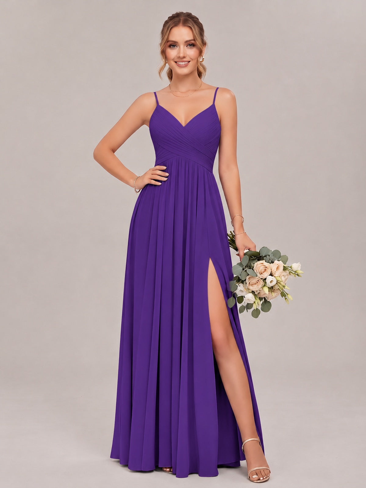 Purple Spaghetti Straps Pleated Chiffon Bridesmaid Dress with Slit V-Neck A-line Long Formal Evening Wedding Guest Gown