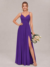 Purple Spaghetti Straps Pleated Chiffon Bridesmaid Dress with Slit V-Neck A-line Long Formal Evening Wedding Guest Gown