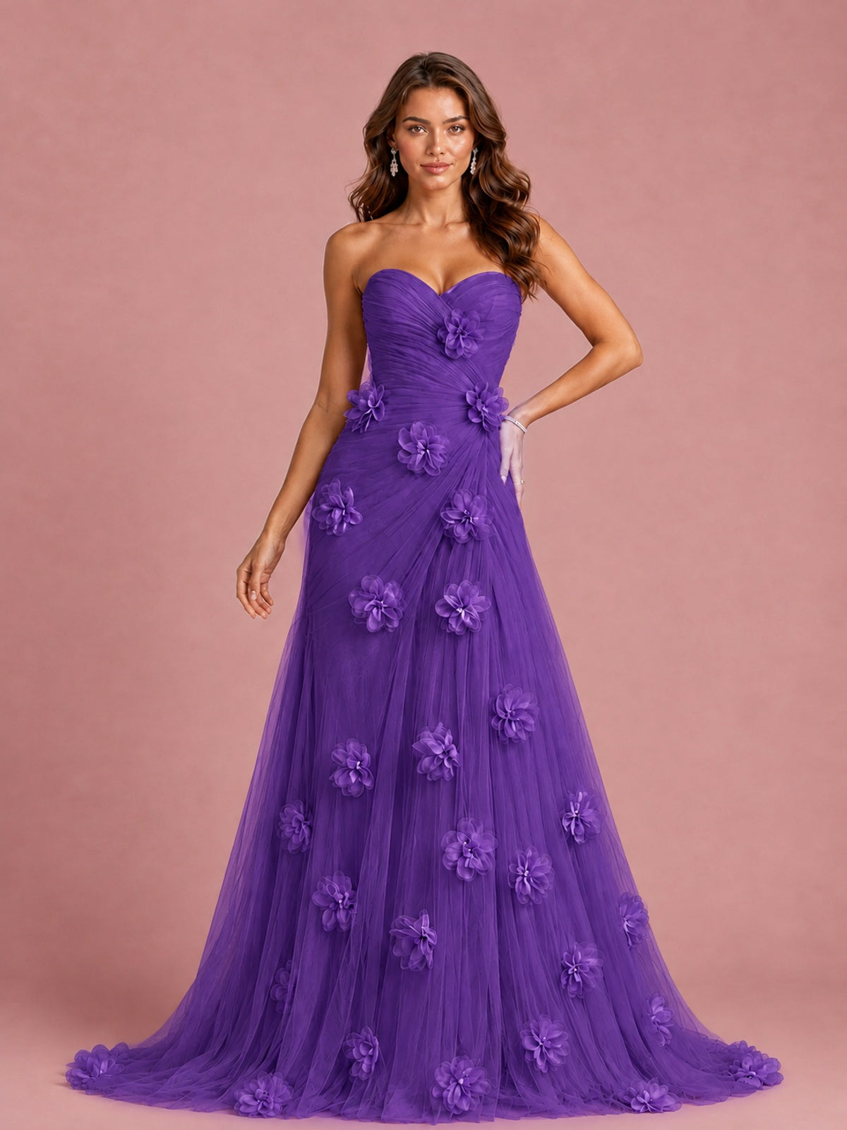 3D Floral Applique Strapless Tulle Prom Dress with High Slit