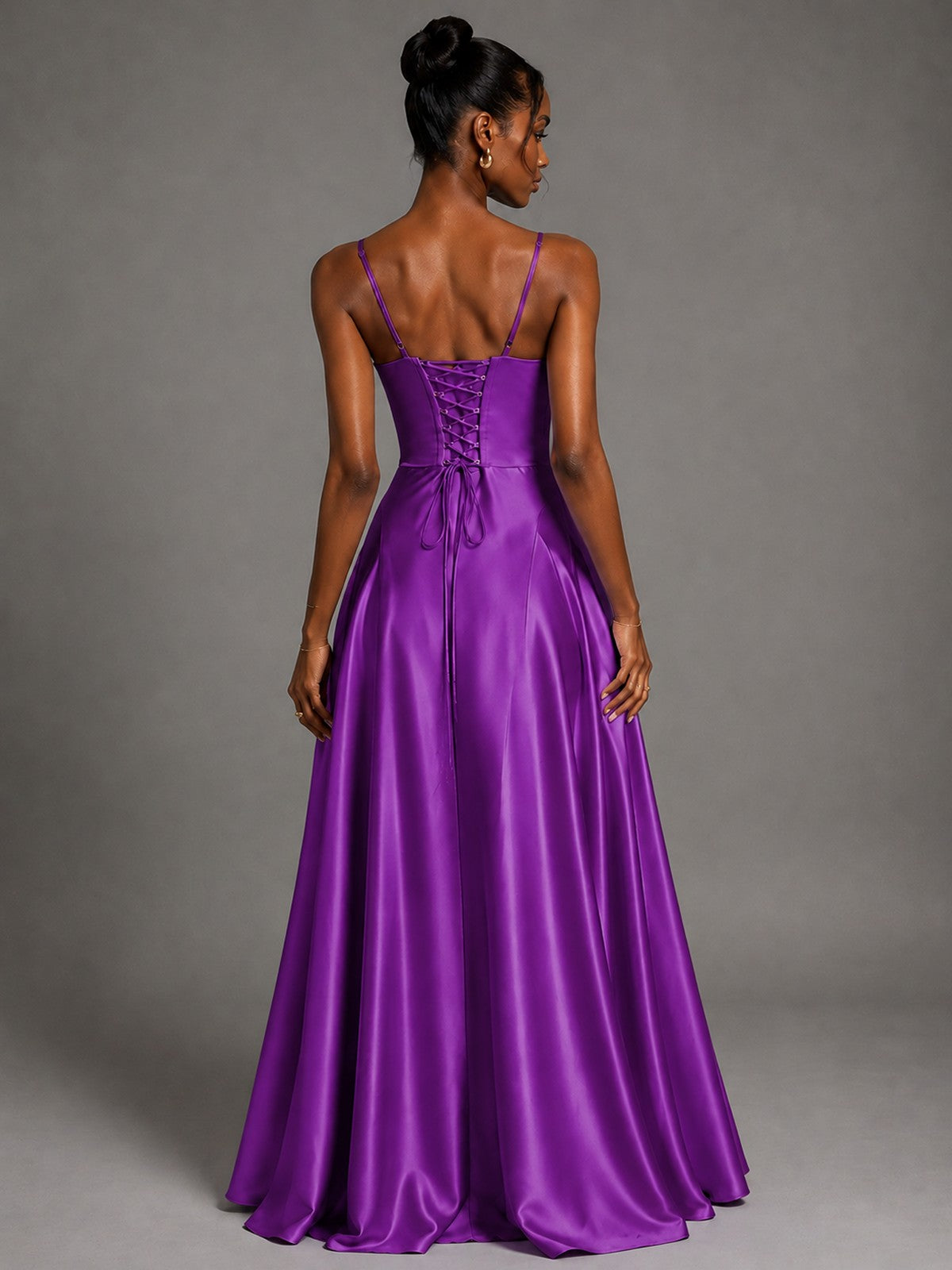Lavender V Neck Satin Prom Dress with Spaghetti Straps