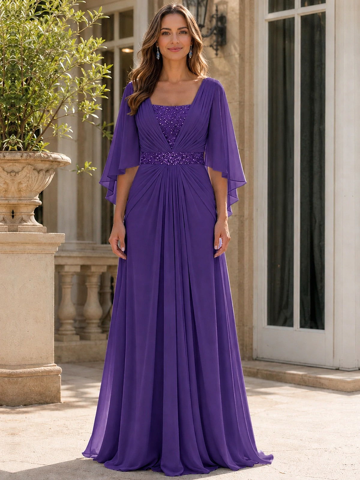 Elegant V-Neck Sequined Chiffon Mother of the Bride Dress with Flutter Sleeves