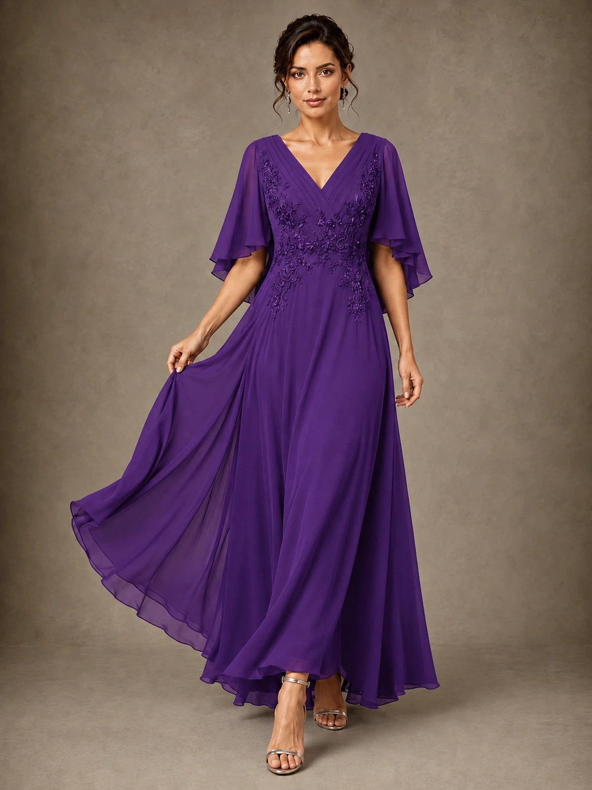 V-Neck Chiffon Lace Mother of the Bride Dress with Flutter Sleeves