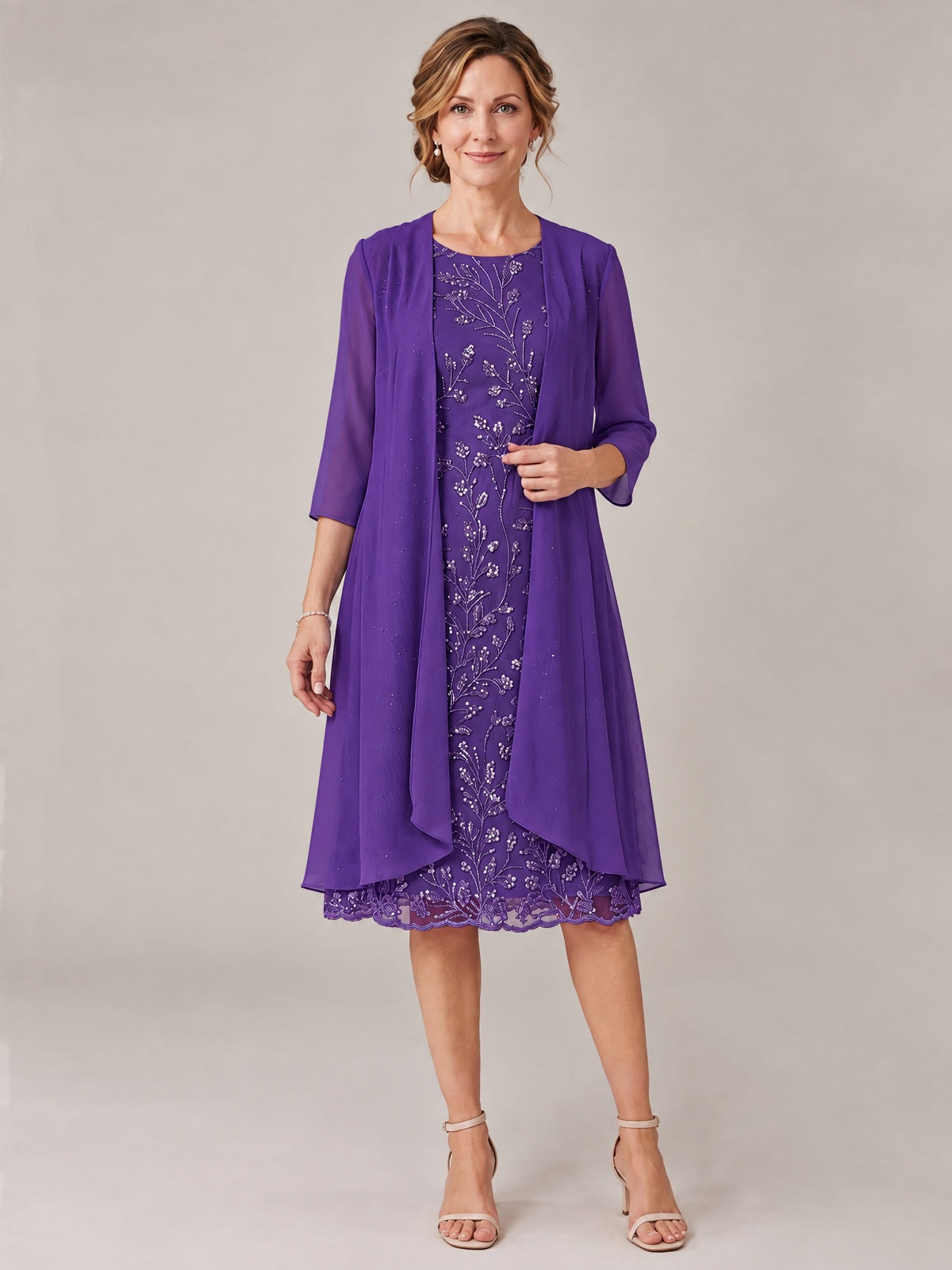 Purple-2 Piece Lace Appliques Chiffon Mother of The Bride Dress with Sequin