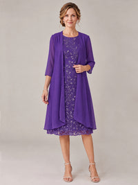Purple-2 Piece Lace Appliques Chiffon Mother of The Bride Dress with Sequin