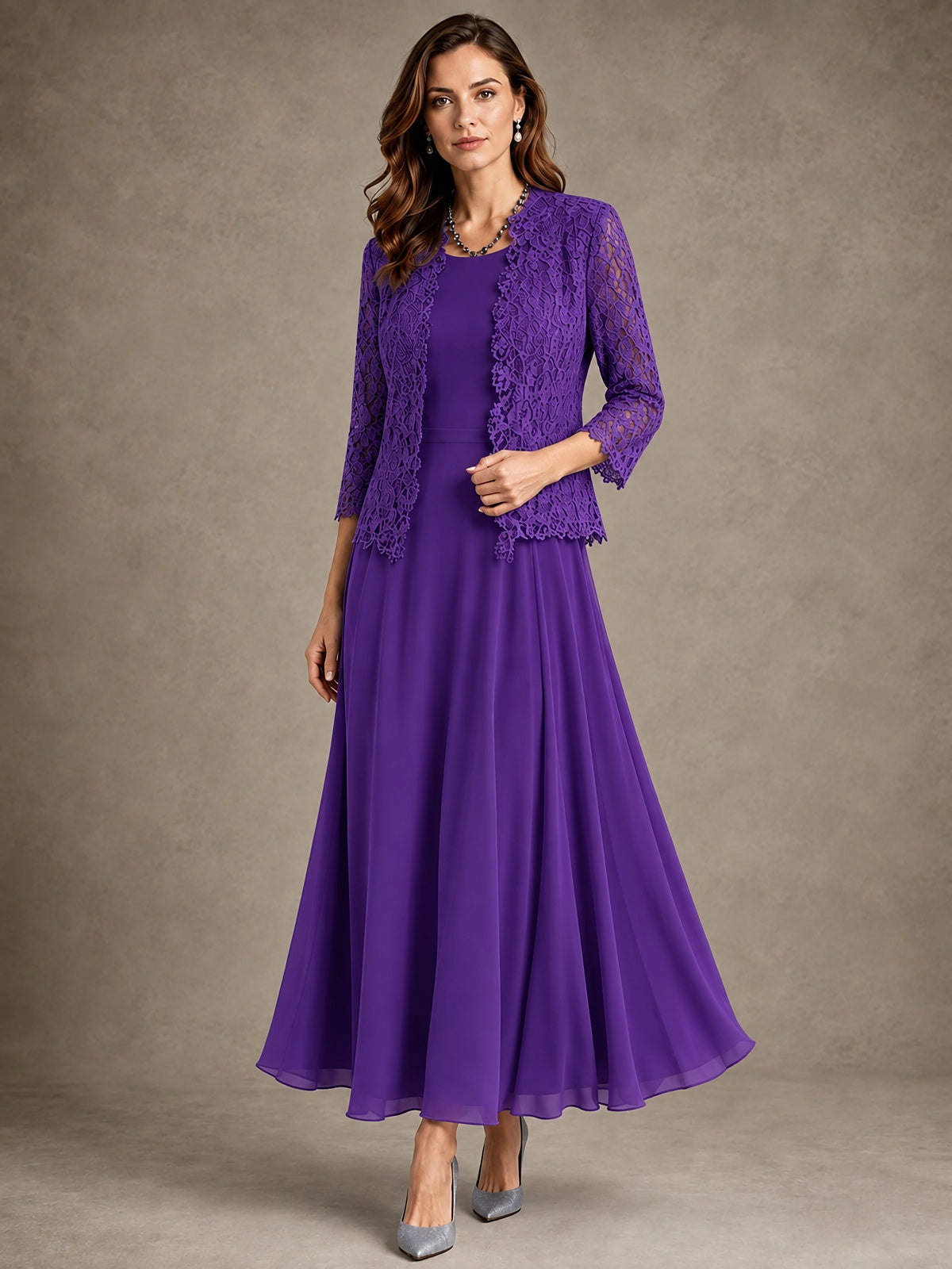 2-Piece Chiffon Mother of the Bride Dress with Lace Jacket
