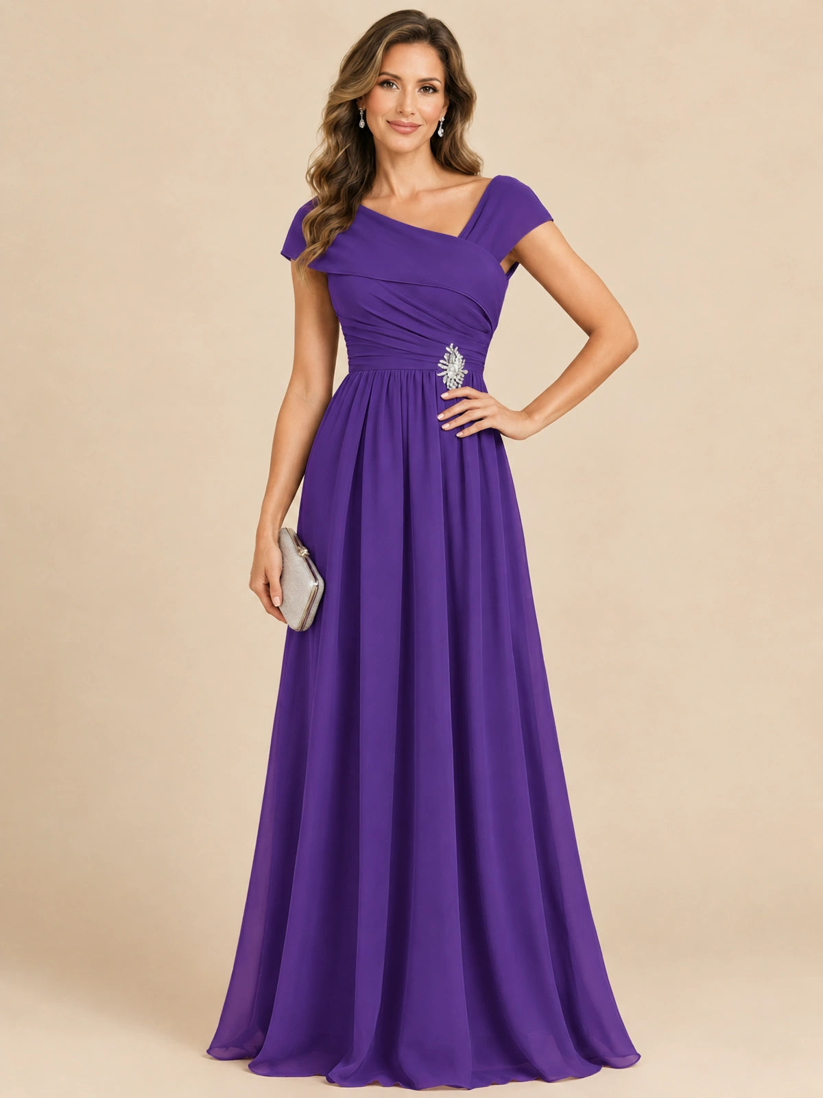 Cap Sleeve Mother of The Bride Dresses Long Chiffon Formal Gowns
