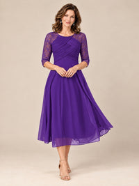 Purple-Lace Applique Pleated Tea Length Mother of The Bride Dresses