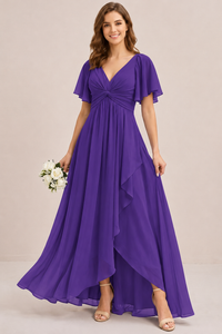 Dusty Blue Chiffon Bridesmaid Dress with Flutter Sleeves & High-Low Hem