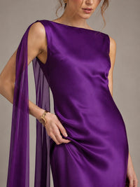 Burgundy Satin Mermaid Cape Maxi Dress